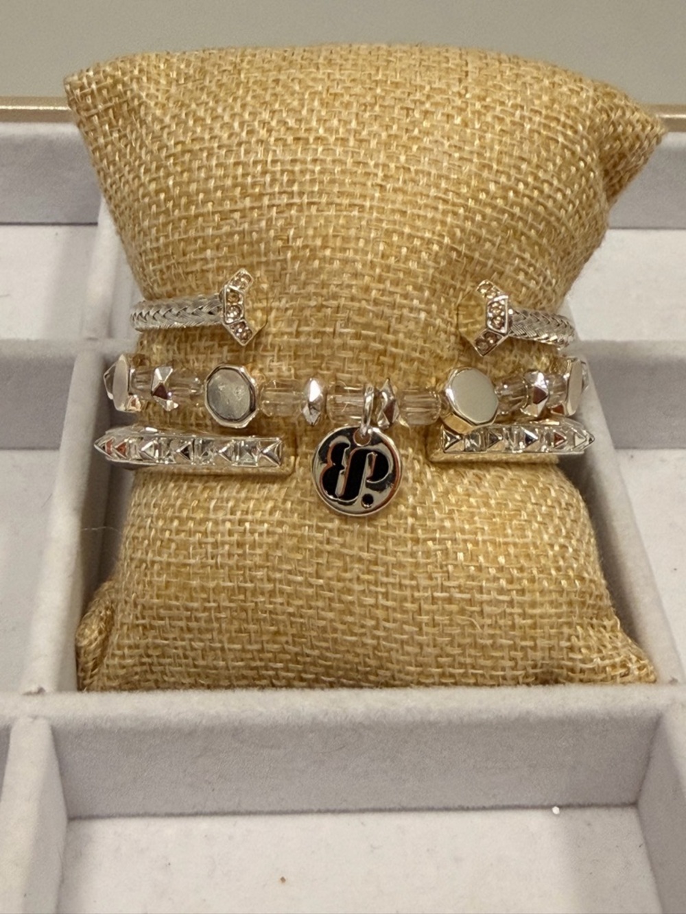 Bomb Party NWOT! Silver Multi-Row Bracelet with Black Enamel Logo Charm - Picture 3 of 8
